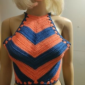 Handmade Crochet Orange and Blue Crop Top, Small